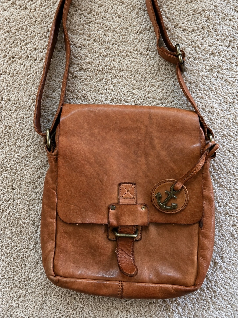 Harbour 2nd Marlies Leather Crossbody Bag Cognac Distressed Anchor Flap Purse